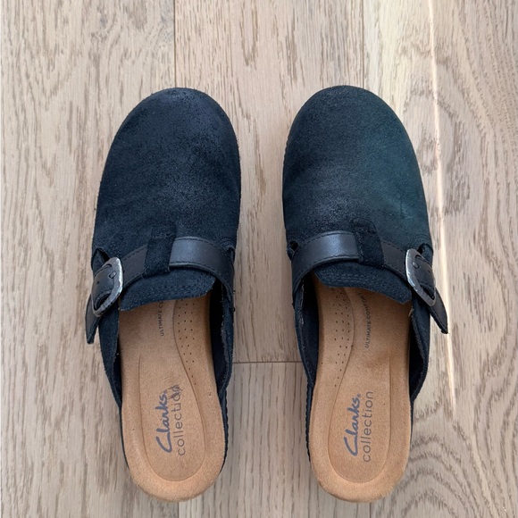 Clarks Black Suede Buckle Clogs - Picture 2 of 8